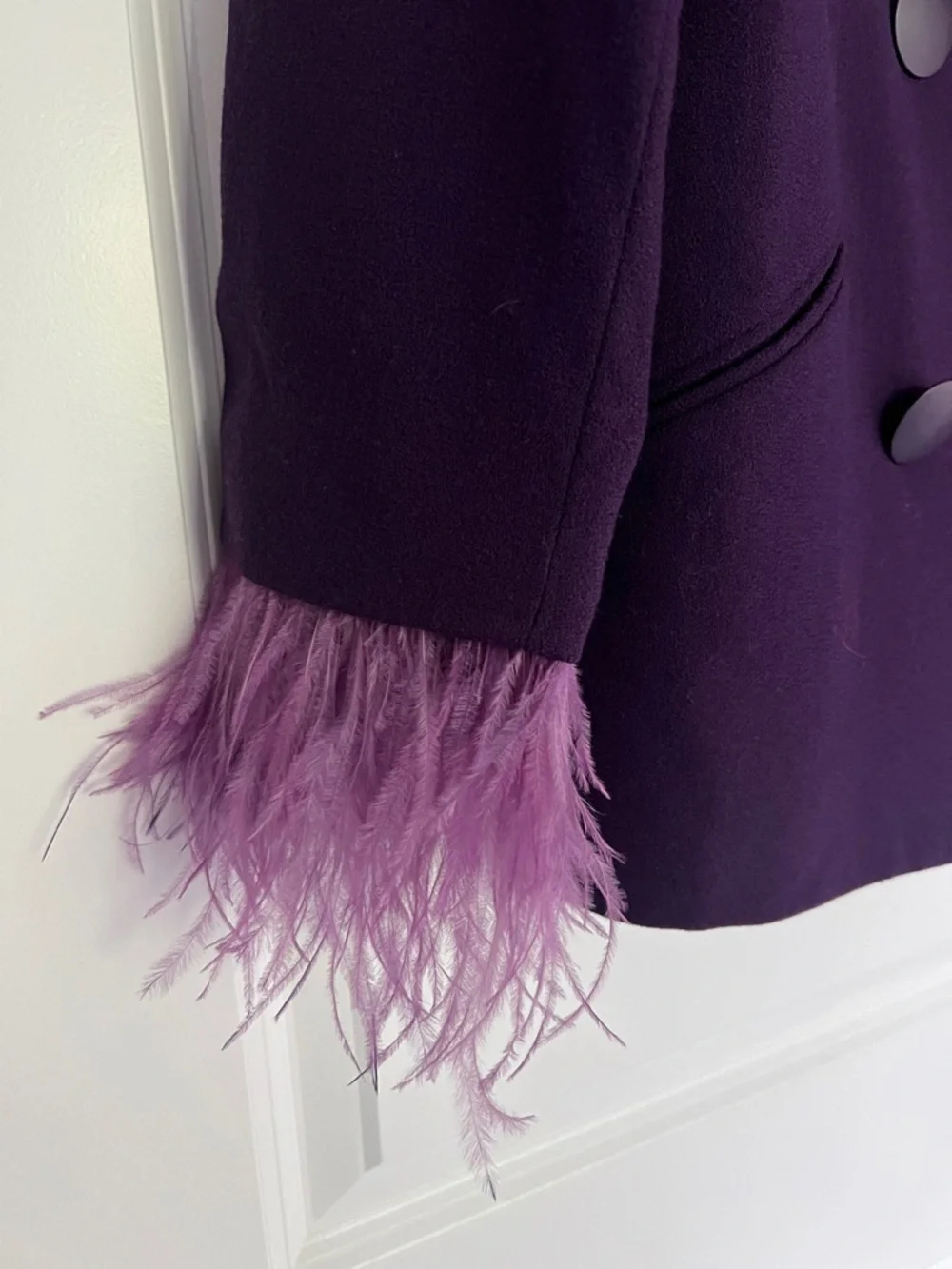 Vintage Dior Dark Plum Double-Breasted Wool Blazer with Feather Trim Cuffs